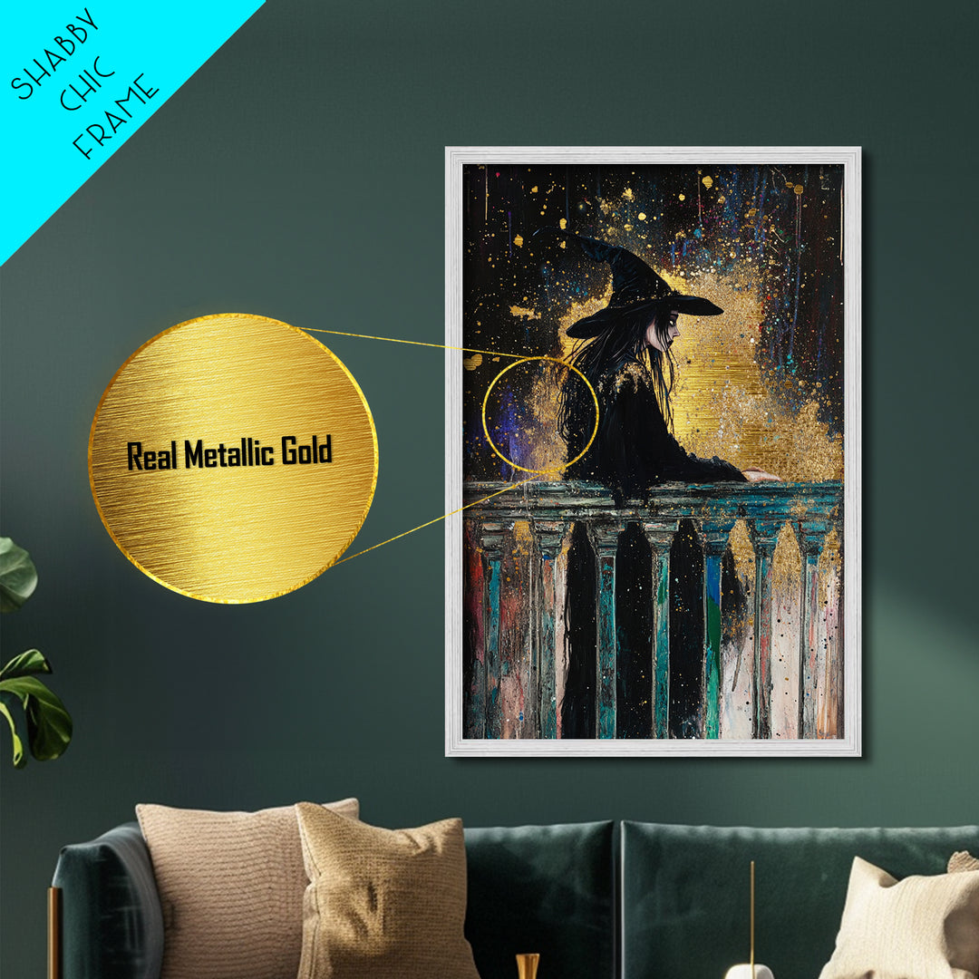 Witch on Balcony Gothic Metal Art, Spooky Metallic Gold Art with Wooden Frame, Halloween Haunted Season Wall Decor Accent