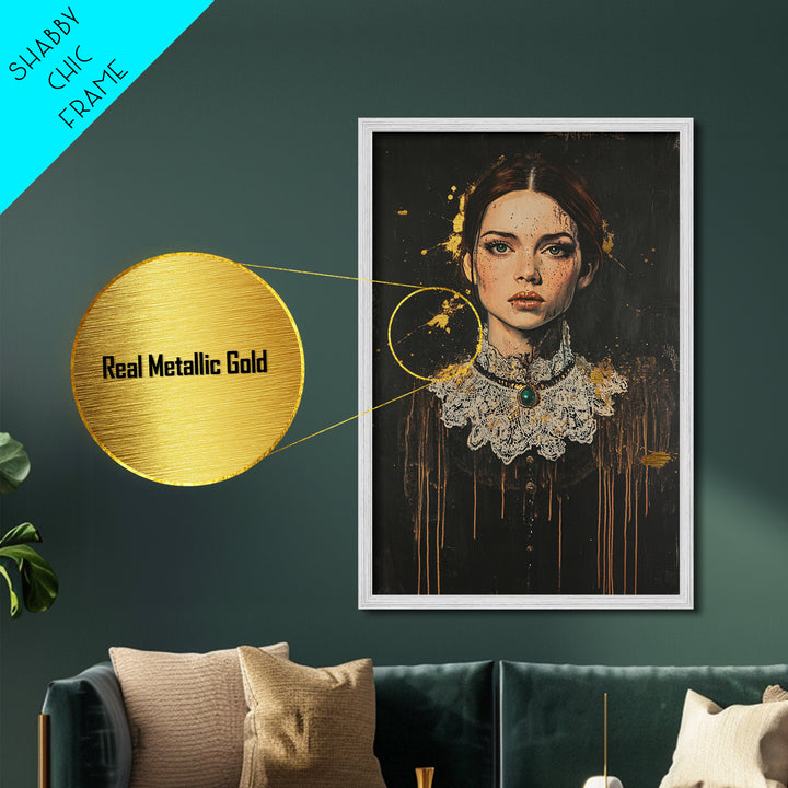 Victorian Lady Metallic Gold Art Metal Art Gothic Haunted Portrait with Lace Collar Framed in Real Wood Halloween Home Decor