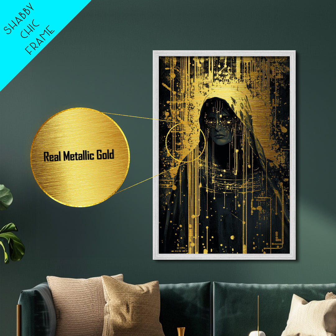 Cyber Witch Metallic Gold Art Metal Art, Futuristic Gothic Halloween Portrait, Spooky Season Wall Hanging in Wood Frame