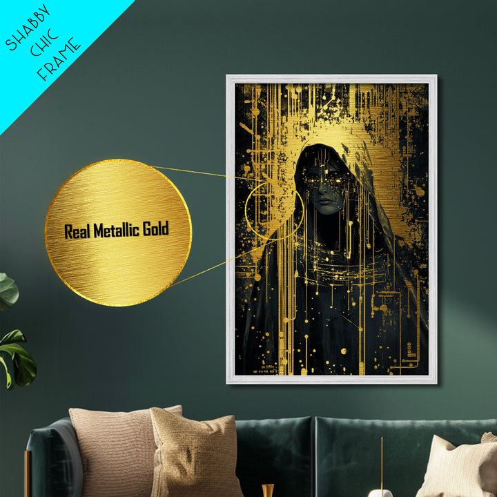 Cyber Witch Metallic Gold Art Metal Art, Futuristic Gothic Halloween Portrait, Spooky Season Wall Hanging in Wood Frame