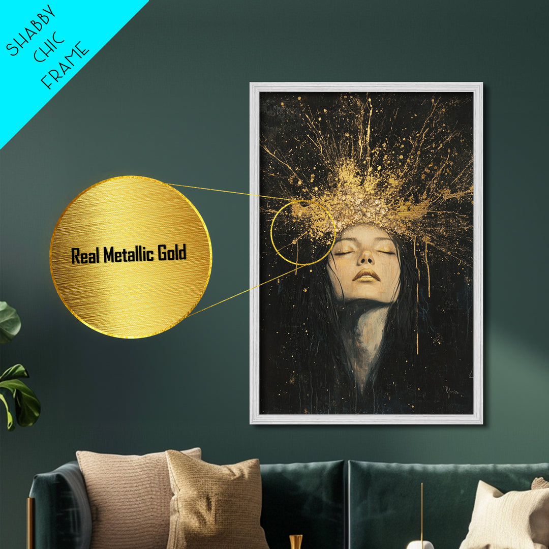 Witchy Crown Metallic Gold Art Metal Art Haunted Spells Halloween Portrait Framed in Real Wood Spooky Season Gothic Decor