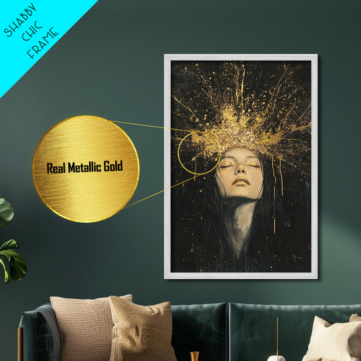 Witchy Crown Metallic Gold Art Metal Art Haunted Spells Halloween Portrait Framed in Real Wood Spooky Season Gothic Decor