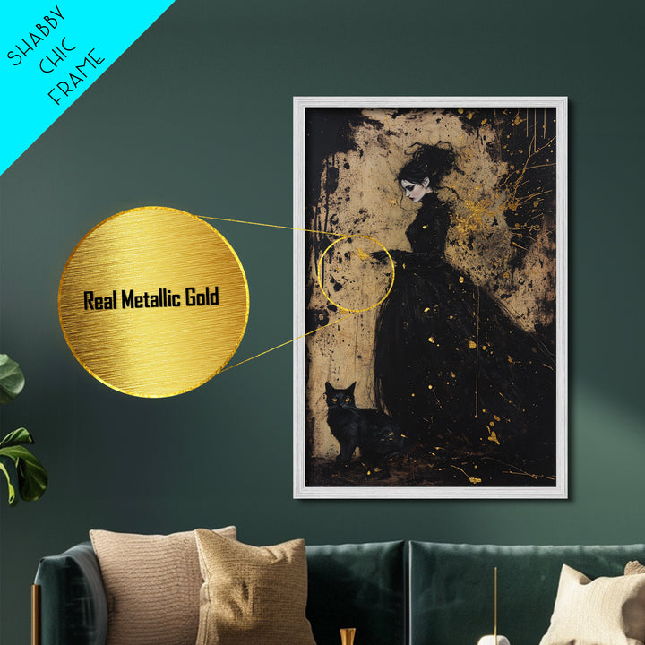 Gothic Witch Metallic Gold Art Metal Art Haunted Woman and Black Cat Framed in Natural Wood Spooky Halloween Wall Artwork