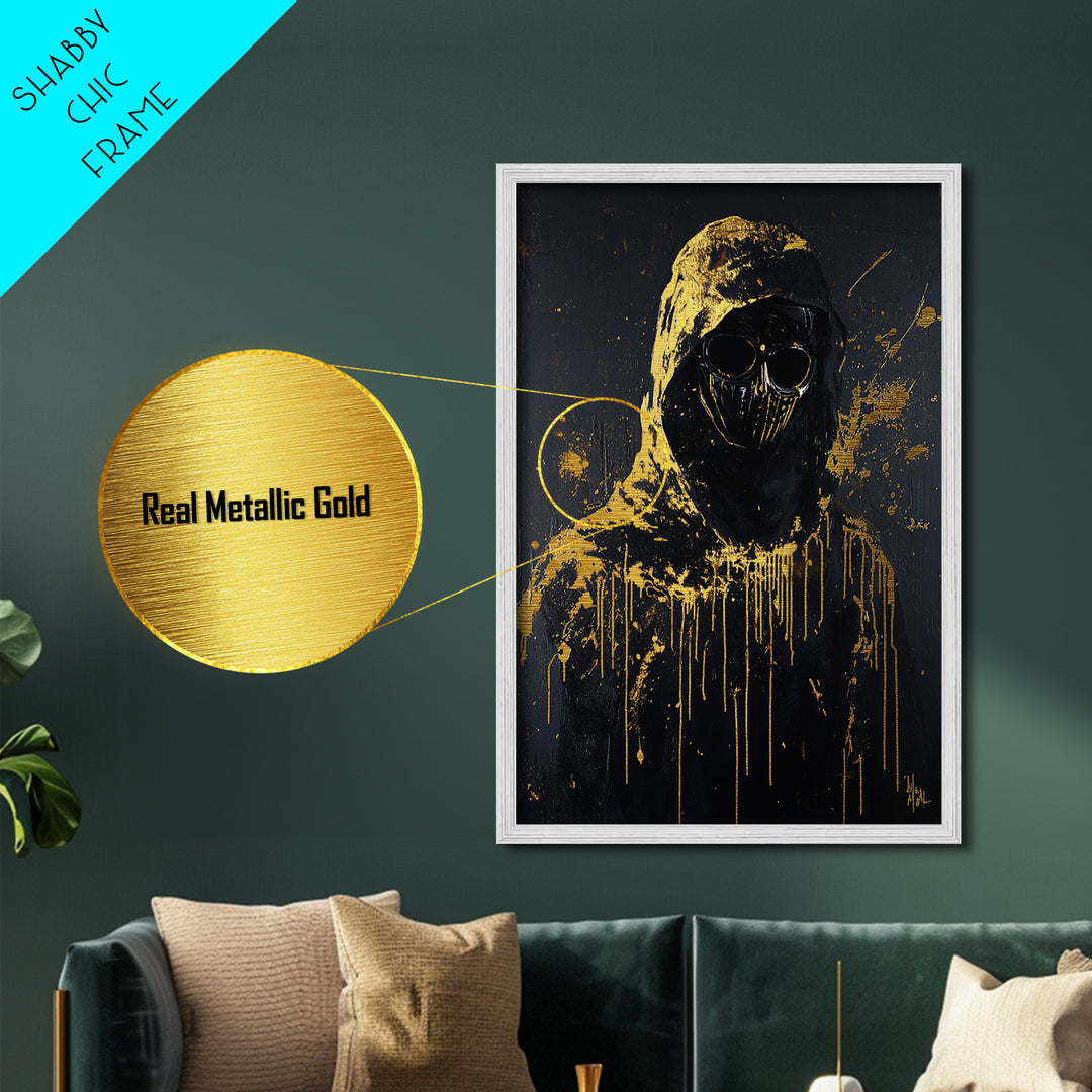 Dark Hooded Figure Metallic Gold Art Metal Art Gothic Creepy Halloween Painting in Real Wood Frame Haunted Spooky Season Decor