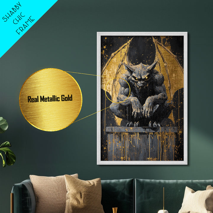 Gargoyle Metallic Gold Art Metal Art Gothic Demon Halloween Statue Painting Framed in Real Wood Spooky Haunted Wall Artwork