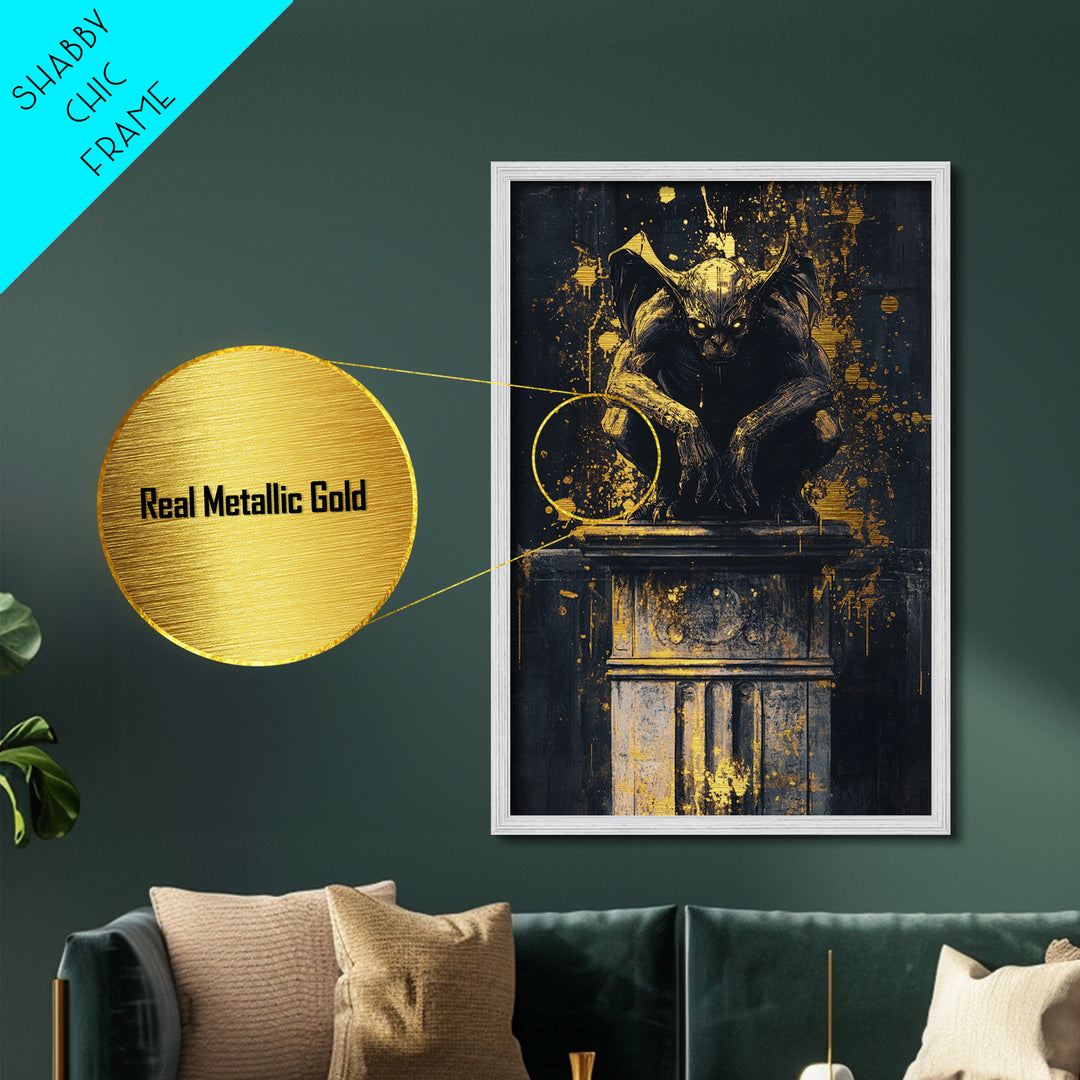 Gothic Gargoyle Metallic Gold Art Metal Art | Haunted Wall Decor with Real Wood Frame for Spooky Season and Halloween Vibes
