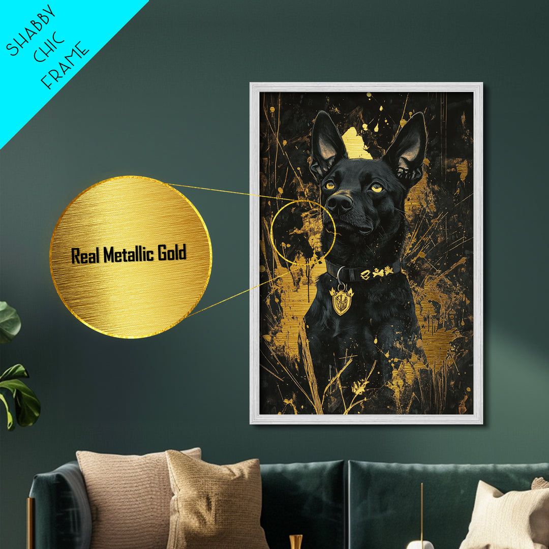 Halloween Black Dog Metallic Gold Art Metal Art | Spooky Pet Portrait Wall Decor Framed in Natural Wood Gothic Style