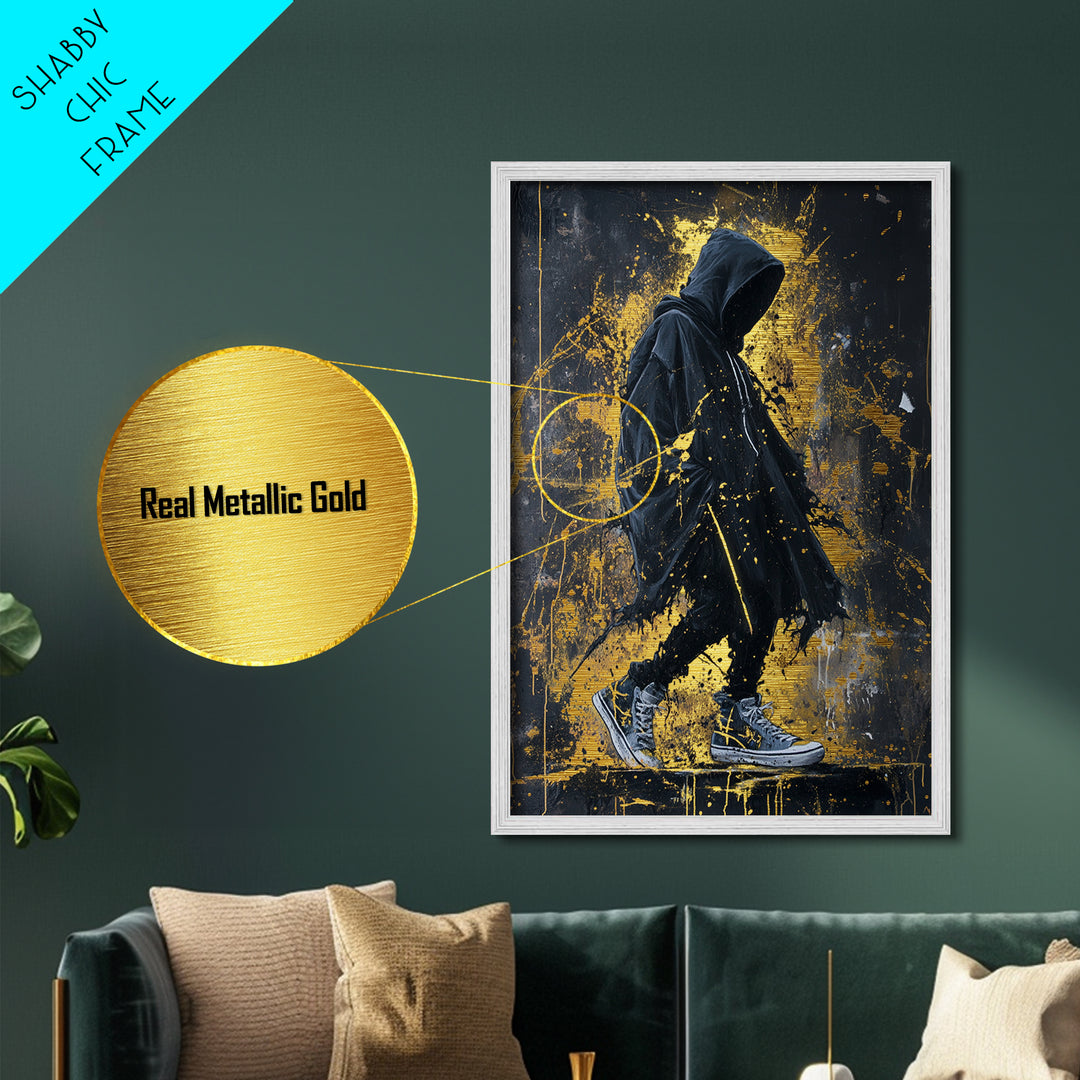 Creepy Hooded Figure Metallic Gold Art Metal Art | Spooky Season Wall Art Framed in Real Wood | Halloween Haunted Decor
