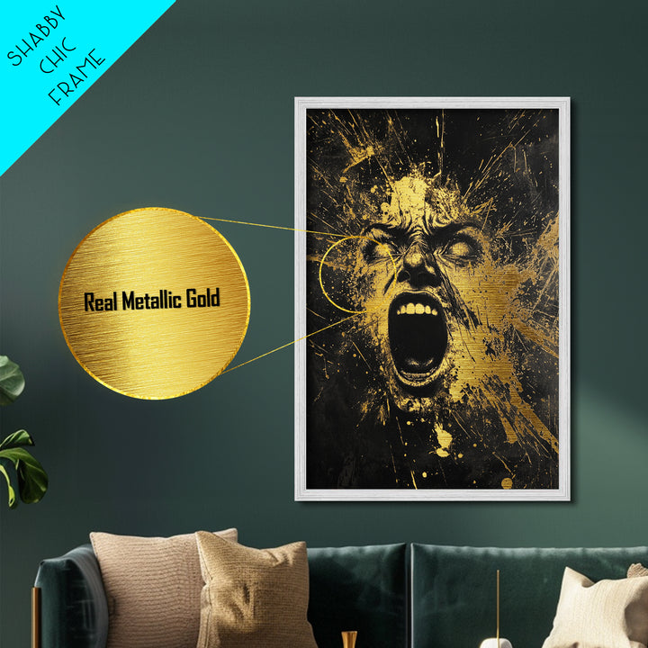 Horror Scream Face Metallic Gold Art Metal Art | Haunted Gothic Halloween Wall Art in Real Wood Frame | Spooky Home Accent