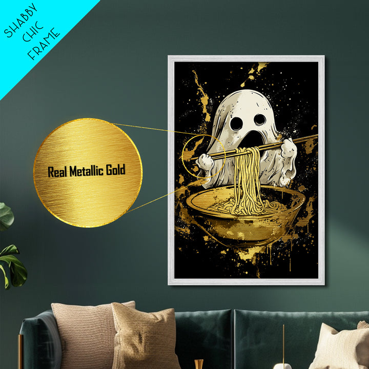 Ghost Ramen Metallic Gold Art Metal Art, Funny Spooky Halloween Wall Art, Noodle Lover Haunted Decor in Real Wood Frame