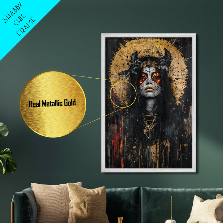 Witch Queen Portrait Metallic Gold Art Metal Art | Gothic Halloween Wall Decor with Natural Wood Frame | Spooky Witchy Design