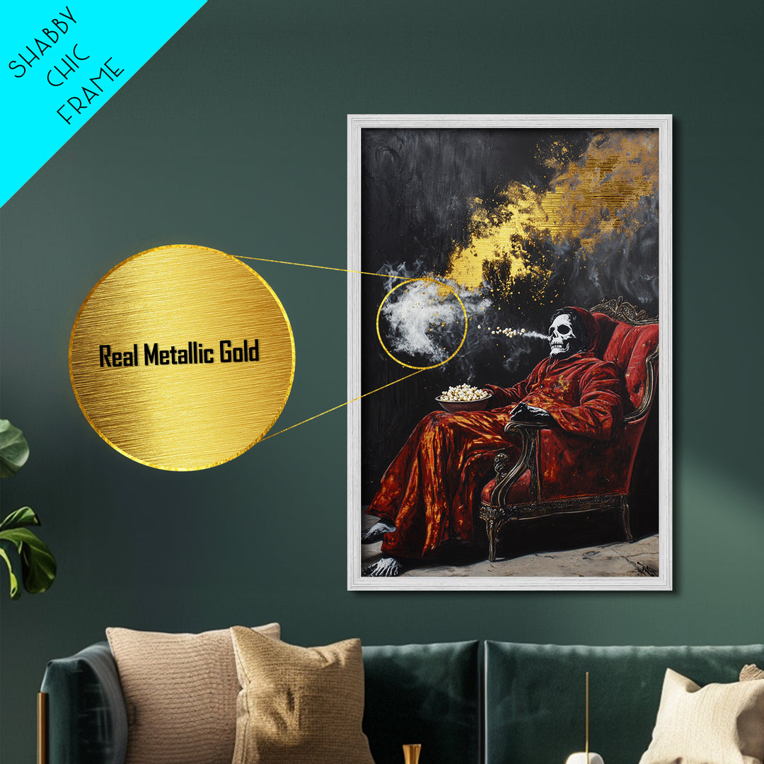 Skeleton in Red Chair Metallic Gold Art Metal Art | Creepy Halloween Wall Art Framed in Natural Wood | Spooky Horror Decor