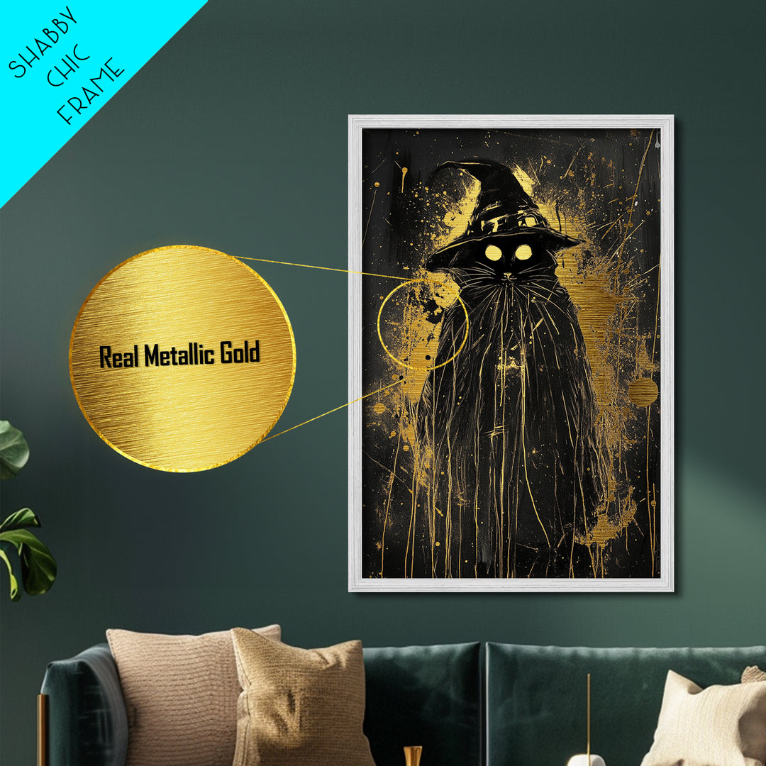 Black Cat Witch Metallic Gold Art Metal Art | Spooky Halloween Wall Decor in Real Wood Frame | Gothic Witchy Haunted Accent