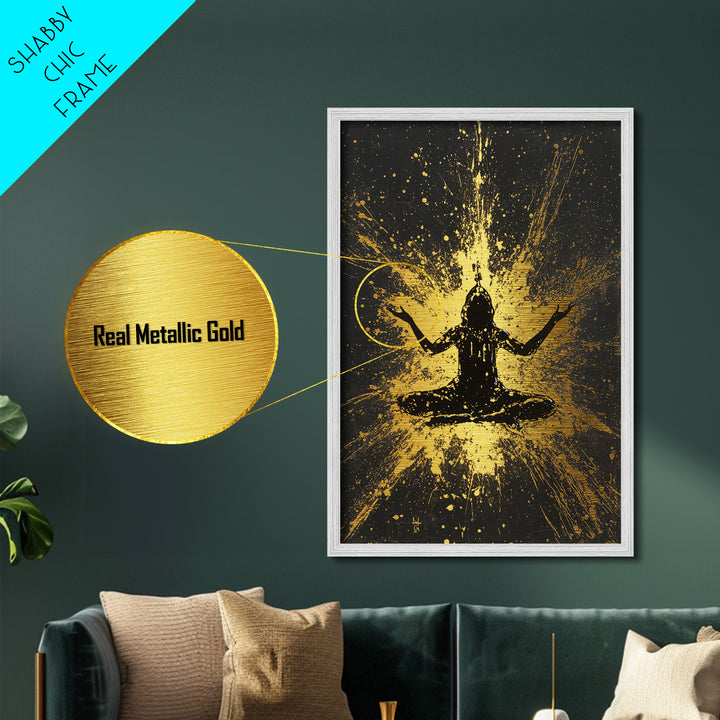 Meditating Spirit Metallic Gold Art Metal Art | Spooky Halloween Wall Decor Framed in Natural Wood | Haunted Gothic Accent