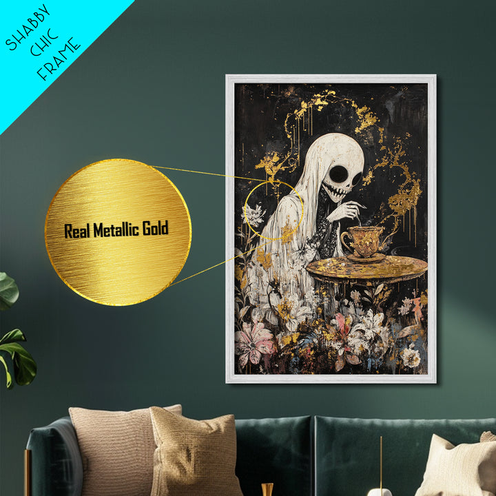 Creepy Skeleton Tea Party Metallic Gold Art, Haunted Horror Metal Art in a Real Wood Frame, Gothic Halloween Wall Hanging