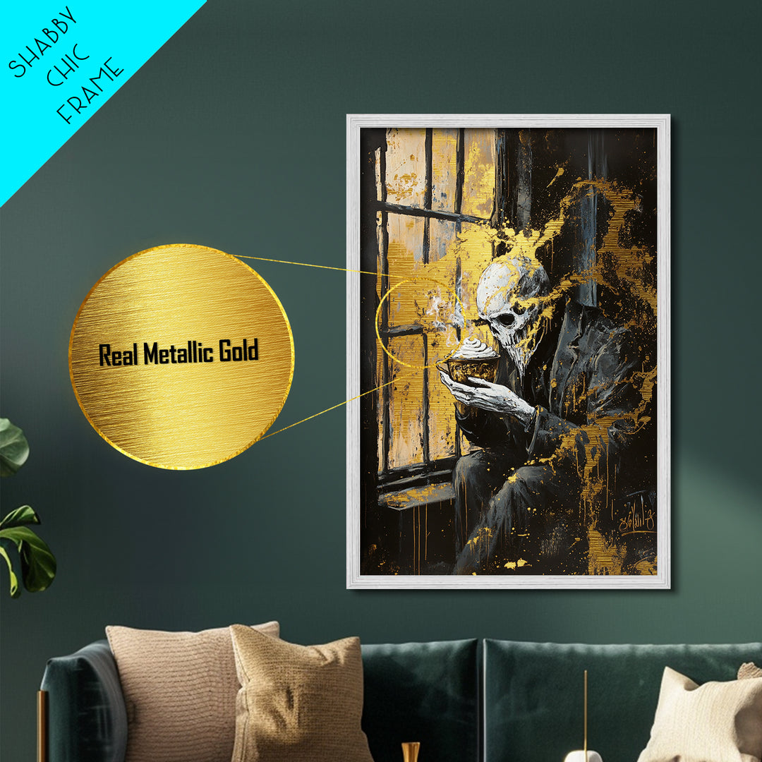 Haunted Skeleton by the Window Metallic Gold Art, Creepy Gothic Metal Art with Steam Cup Framed in Real Wood for Halloween
