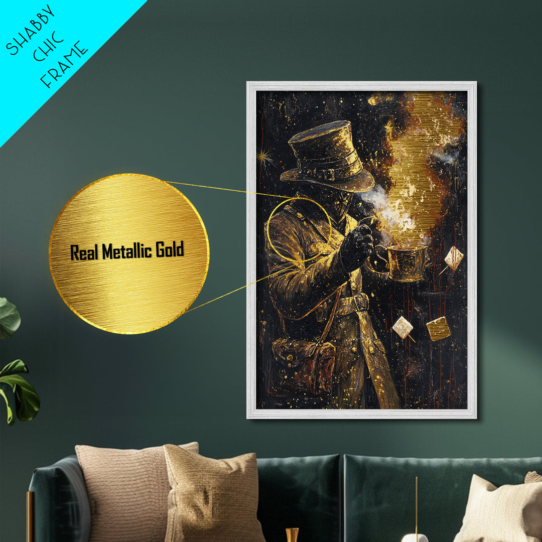 Haunted Gentleman with Fire Metallic Gold Art, Spooky Metal Art Painting, Gothic Horror Wall Decor Framed in Wood
