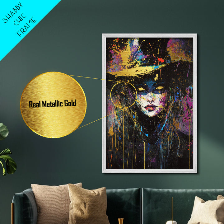 Colorful Witch Face Metallic Gold Art with Neon Splatter, Gothic Spooky Season Metal Art in a Real Wood Frame Halloween Print