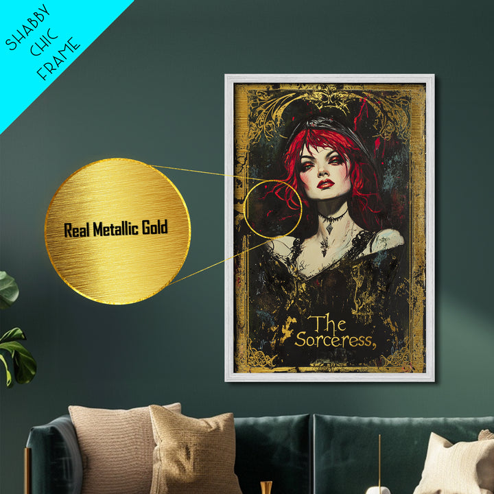 The Sorceress Gothic Portrait Metallic Gold Art, Dark Witchy Halloween Metal Art Framed in Natural Wood, Creepy Spooky Decor