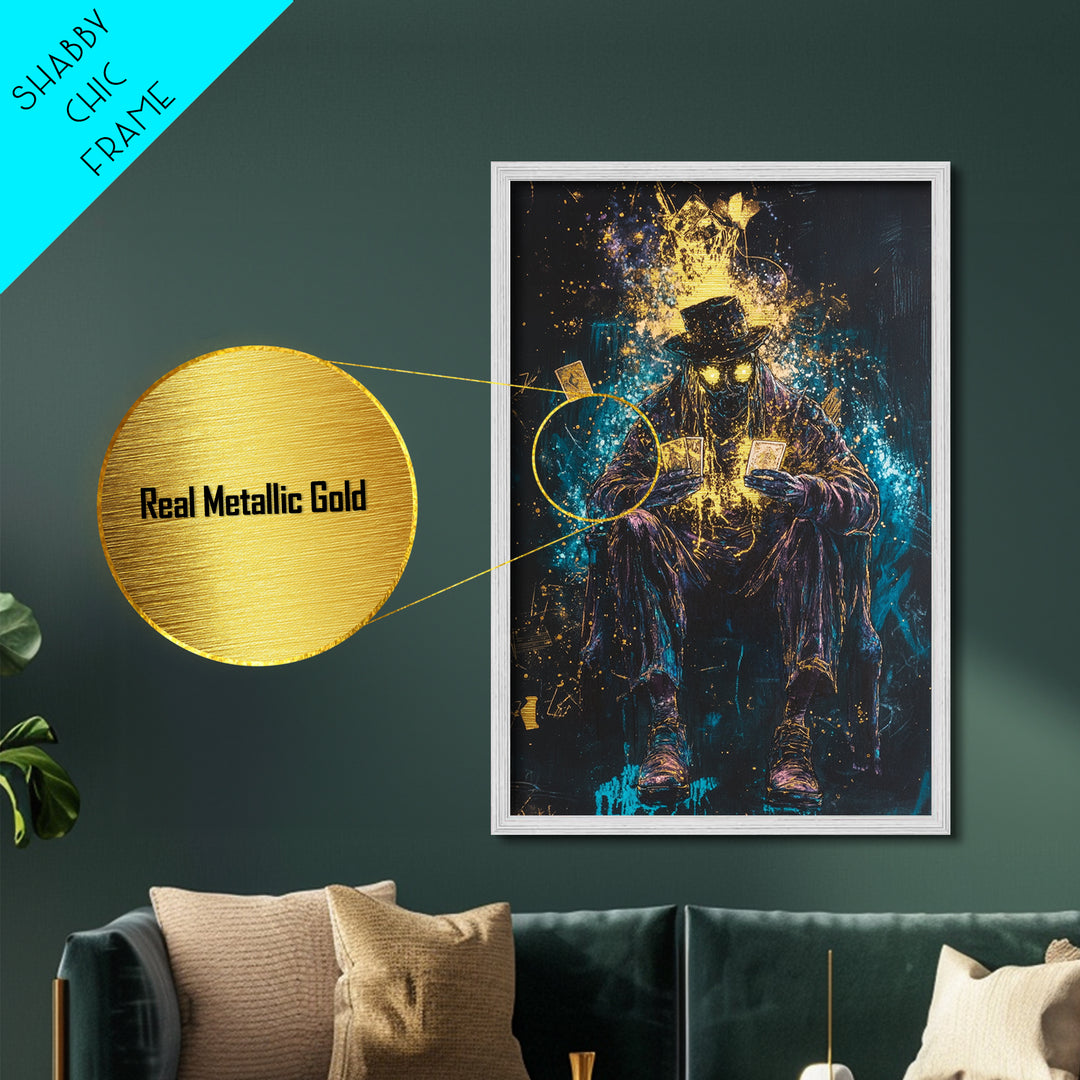 Tarot Card Reader Metallic Gold Art with Glowing Eyes, Gothic Fortune Teller Metal Art Framed in Real Wood for Spooky Season