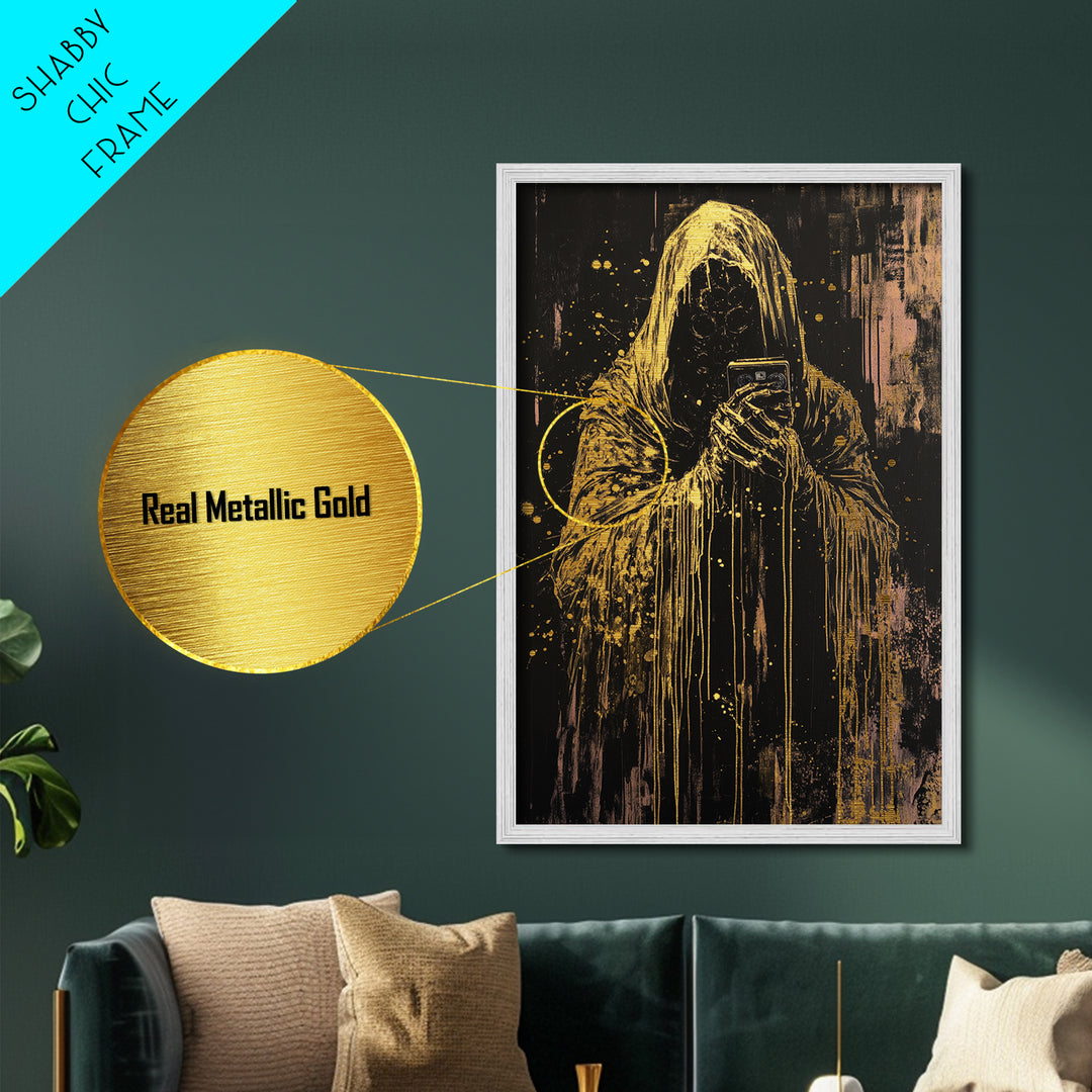Grim Reaper with Cassette Metallic Gold Art, Haunted Spooky Horror Metal Art on Black Canvas with Real Wood Frame Halloween