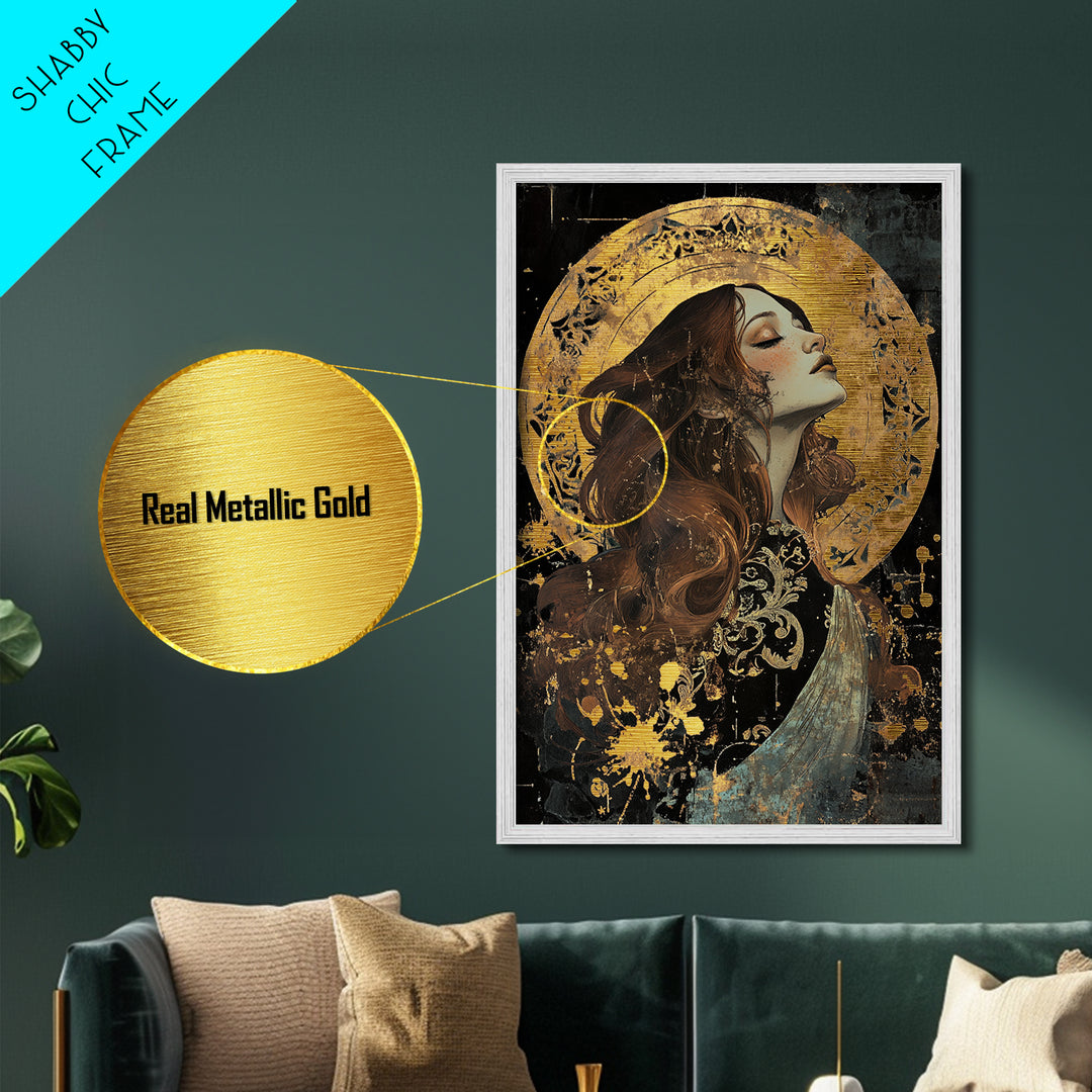 Metal Art Metallic Gold Art Gothic Witch Candle Scene – Halloween Spooky Season Print with Handmade Real Wood Frame