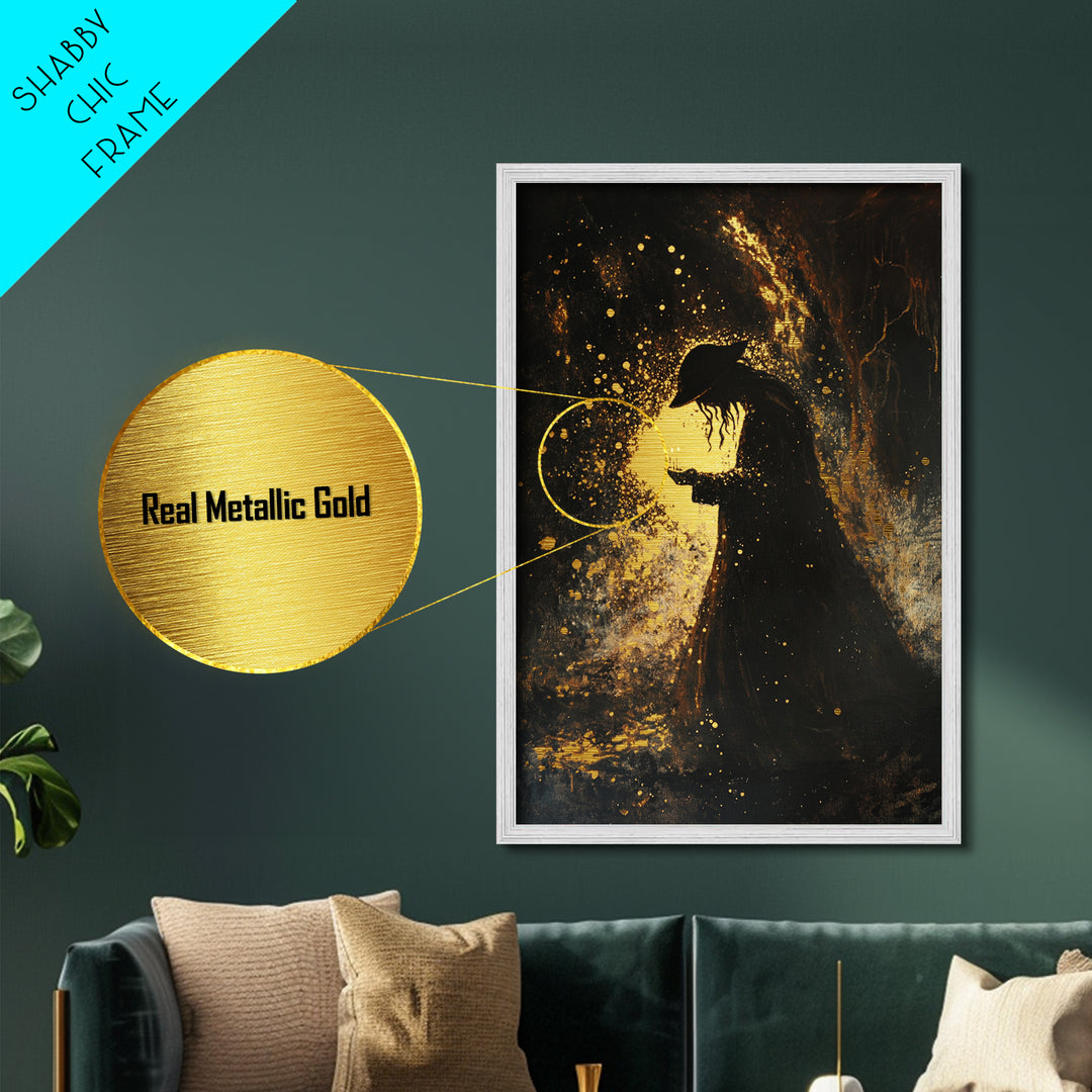 Spooky Gothic Metallic Gold Art Metal Art Skull Portrait – Halloween Horror Wall Hanging with Framed Natural Wood