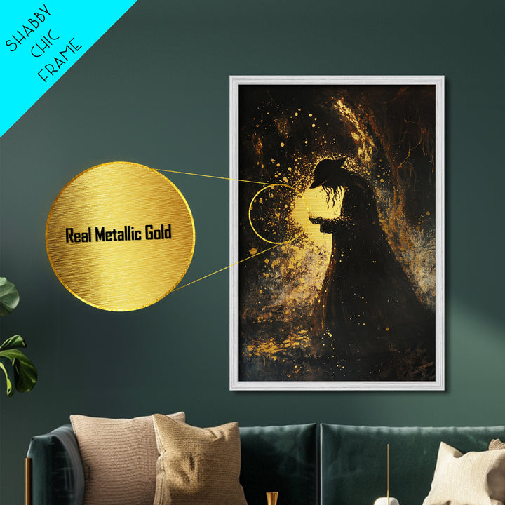 Spooky Gothic Metallic Gold Art Metal Art Skull Portrait – Halloween Horror Wall Hanging with Framed Natural Wood
