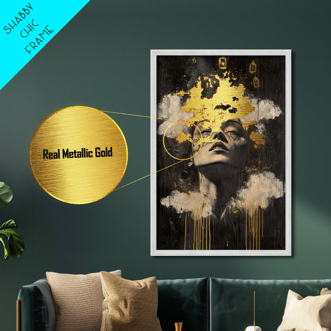 Haunted Dreams Metallic Gold Art, Gothic Spooky Season Metal Art Wall Décor, framed in natural real wood for Halloween