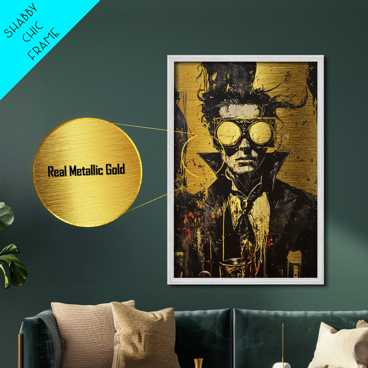 Creepy Steampunk Metallic Gold Art Metal Art Vampire Portrait – Halloween Gothic Decor Framed in Real Wood