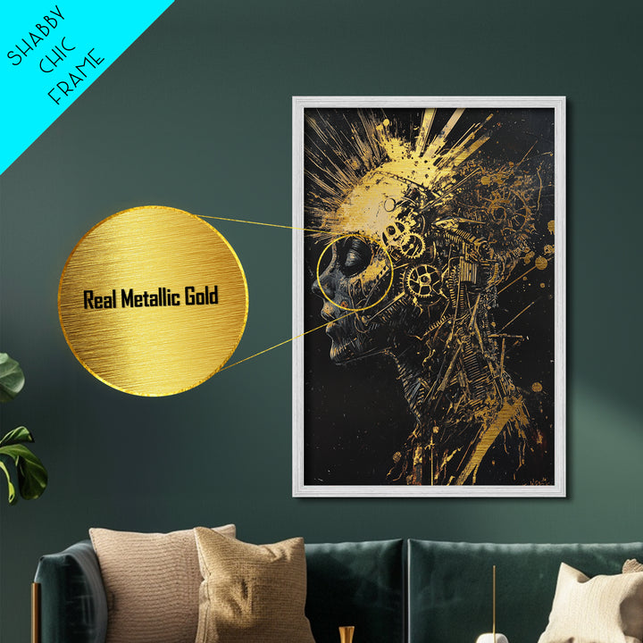 Metallic Gold Art Metal Art Mechanical Skull – Spooky Halloween Horror Wall Print with Dark Gothic Real Wood Frame