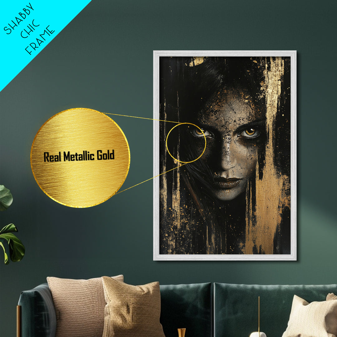 Metal Art Metallic Gold Art Haunted Gothic Female Portrait – Spooky Season Horror Aesthetic with Real Wood Frame