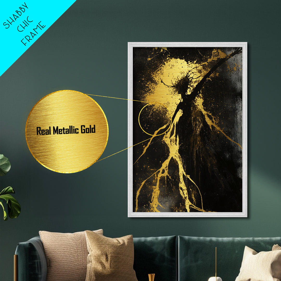 Metallic Gold Art Metal Art Haunted Forest Creature Silhouette – Gothic Halloween Decor with Real Wood Framed Finish