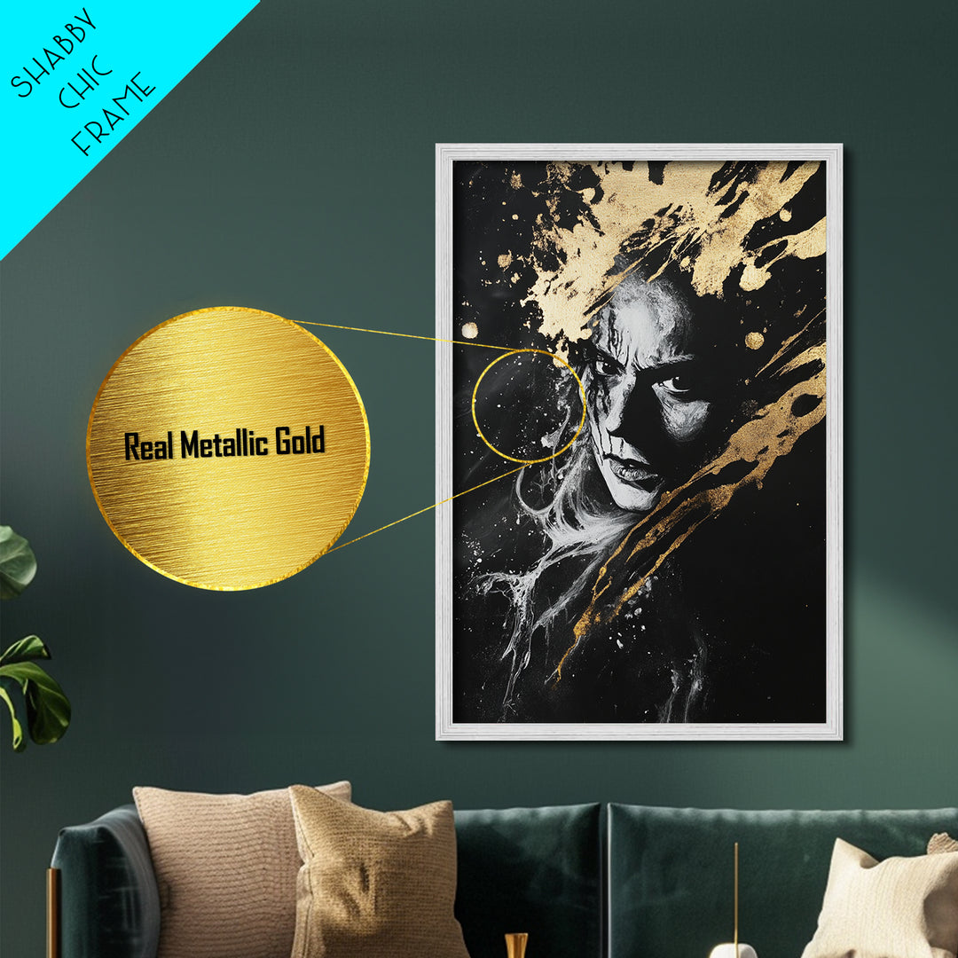 Haunted Portrait Halloween Metallic Gold Art, Gothic Horror Face Metal Art Print, Dark Wall Decor mounted in real wood frame