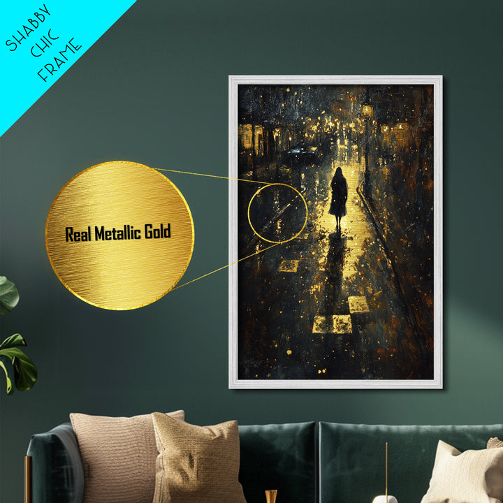 Spooky Night Street Scene Metallic Gold Art, Haunted City Metal Art Print, Gothic Halloween Wall Decor in rustic wood frame