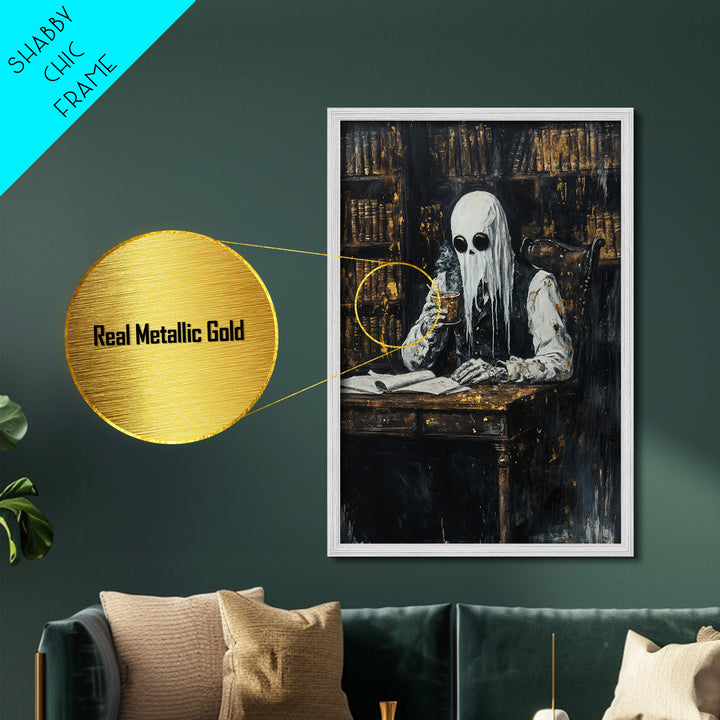 Gothic Librarian Metallic Gold Art, Creepy Masked Figure Metal Art Painting, Dark Halloween Home Decor framed with real wood