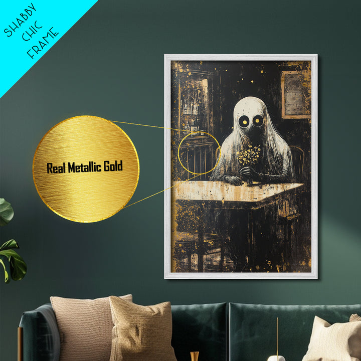Haunted Cafe Metallic Gold Art, Spooky Ghost with Flowers Metal Art Print, Gothic Halloween Wall Hanging in wood frame display