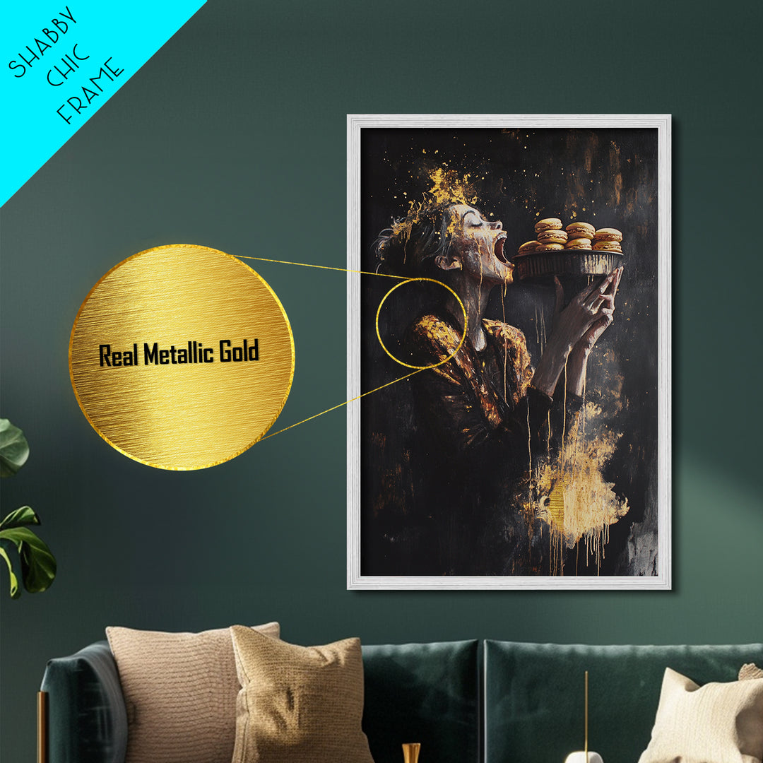 Horror Feast Metallic Gold Art, Spooky Gothic Woman Eating Macarons Metal Art Print, Halloween Wall Decor framed in real wood