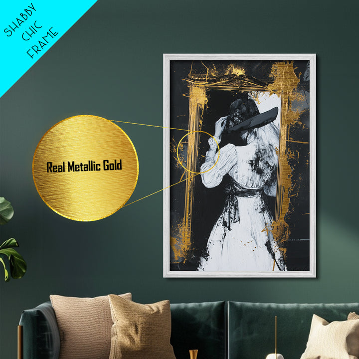 Witchy Gothic Lady Metallic Gold Art, Haunted Mirror Scene Metal Art Painting, Spooky Halloween Decor framed with wood detail