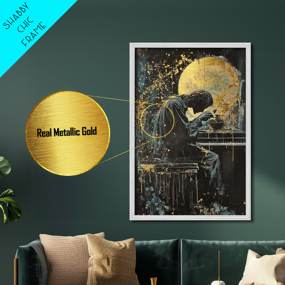 Creepy Pianist Metallic Gold Art, Gothic Moonlight Horror Metal Art Print, Haunted Halloween Wall Decor in real wood frame
