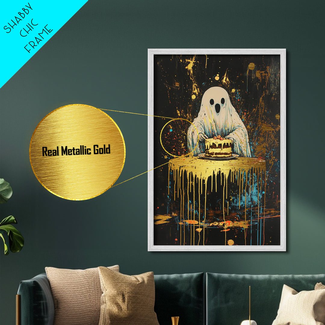 Ghost with Cake Metallic Gold Art, Playful Haunted Party Metal Art for Halloween Décor, with handcrafted real wood frame