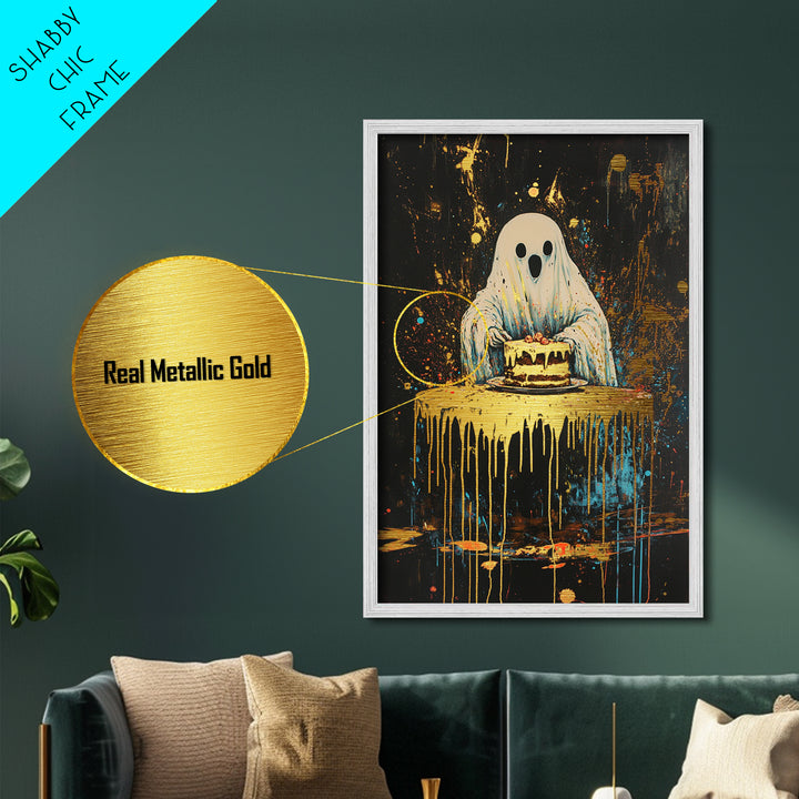 Ghost with Cake Metallic Gold Art, Playful Haunted Party Metal Art for Halloween Décor, with handcrafted real wood frame