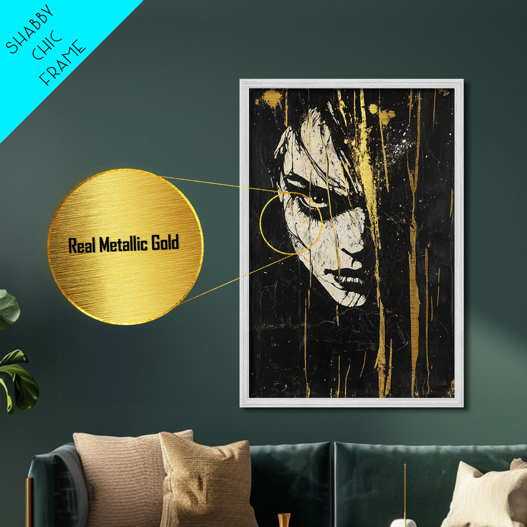 Creepy Female Portrait Metallic Gold Art, Dark Gothic Face Metal Art for Spooky Home Décor, in solid real wood framing