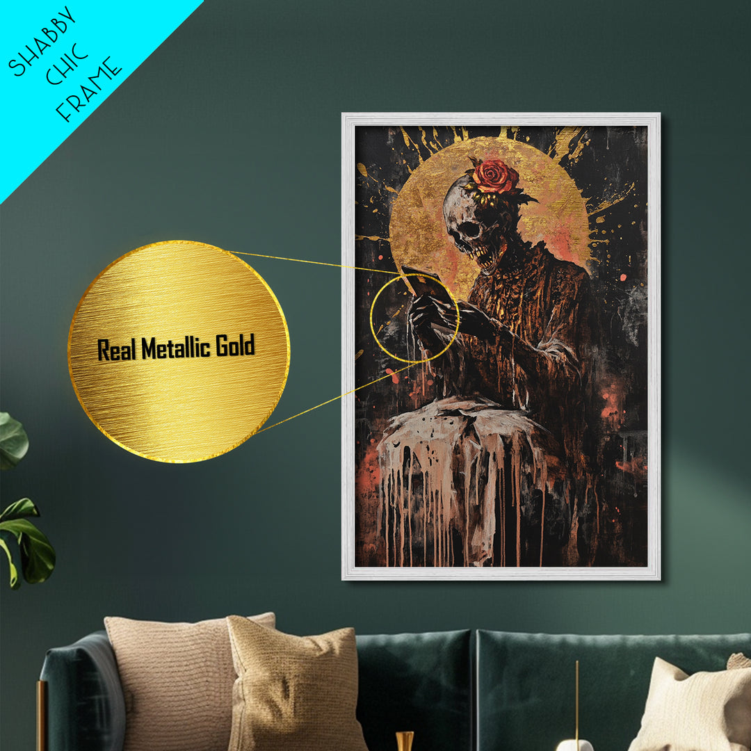 Skeleton with Rose Metallic Gold Art, Gothic Undead Metal Art with Horror Vibes for Halloween Wall Décor, real wood frame included