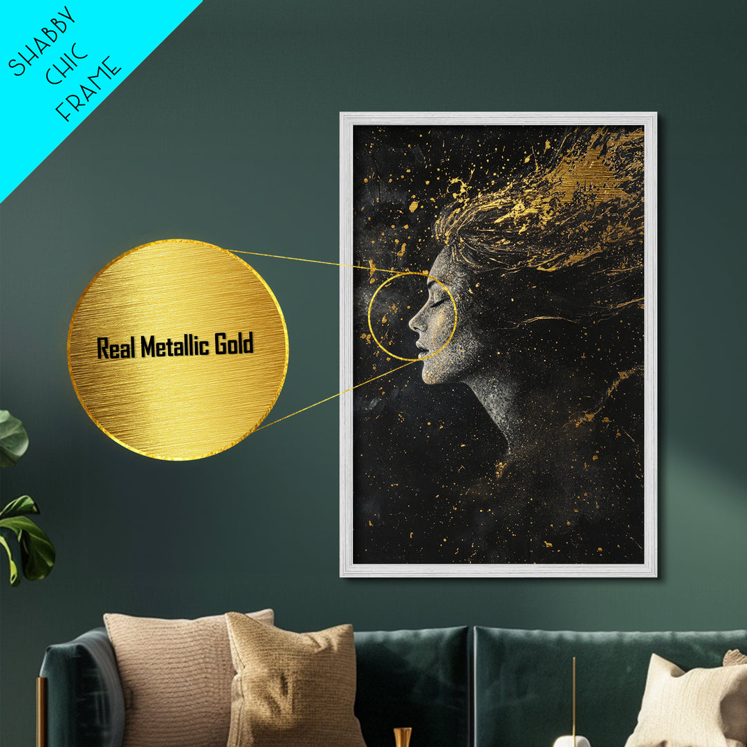 Celestial Witch Metallic Gold Art, Enchanted Spooky Season Metal Art with Starry Night Design, framed in natural real wood