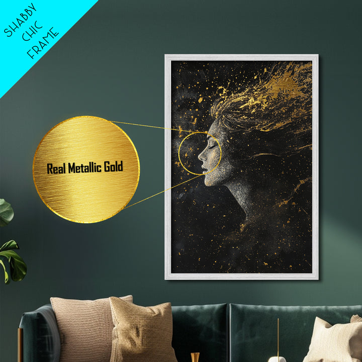 Celestial Witch Metallic Gold Art, Enchanted Spooky Season Metal Art with Starry Night Design, framed in natural real wood