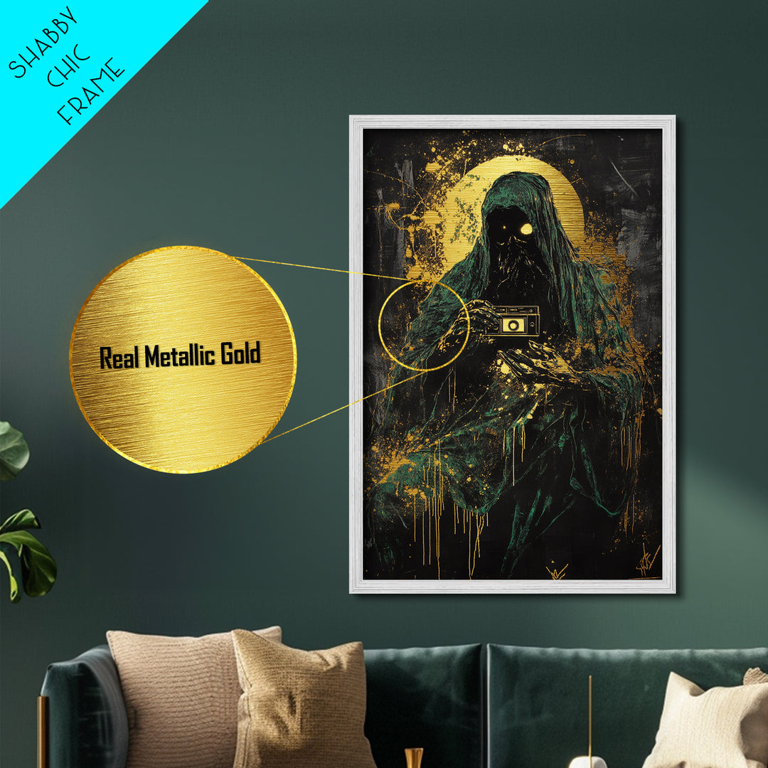 Dark Phantom Photographer Metallic Gold Art, Creepy Haunted Camera Metal Art with Gothic Horror Vibe, real wood frame