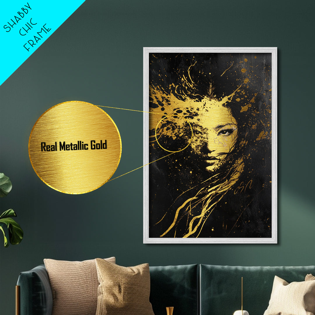 Splattered Witch Face Metallic Gold Art, Haunted Abstract Portrait Metal Art for Halloween Horror Vibes, real wood framing