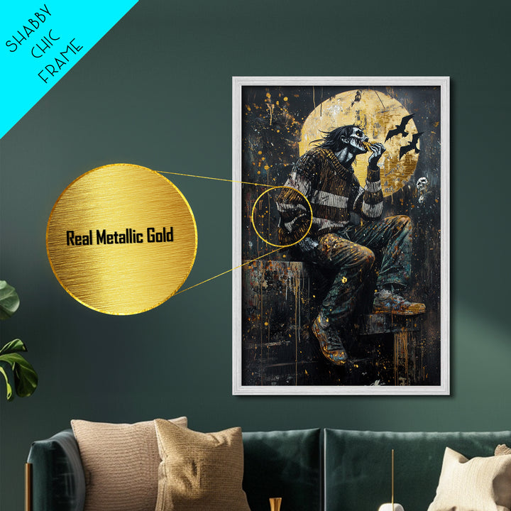 Haunted Moon Zombie Eating Scene, Metallic Gold Art, Spooky Horror Wall Metal Art Framed in Real Wood for Halloween Decor