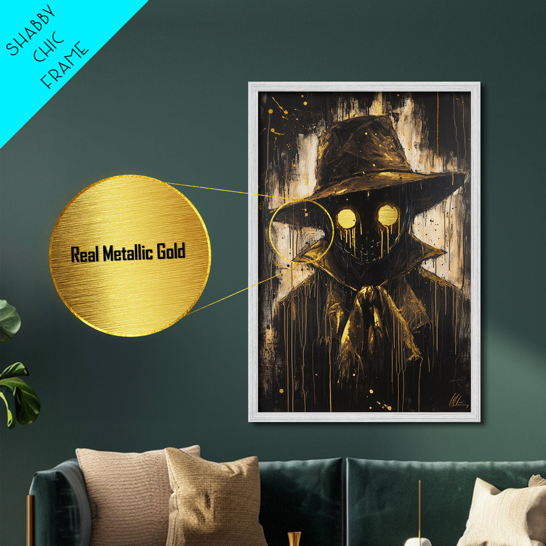 Creepy Scarecrow with Glowing Eyes, Gothic Metallic Gold Art, Horror Halloween Metal Art in Natural Real Wood Frame